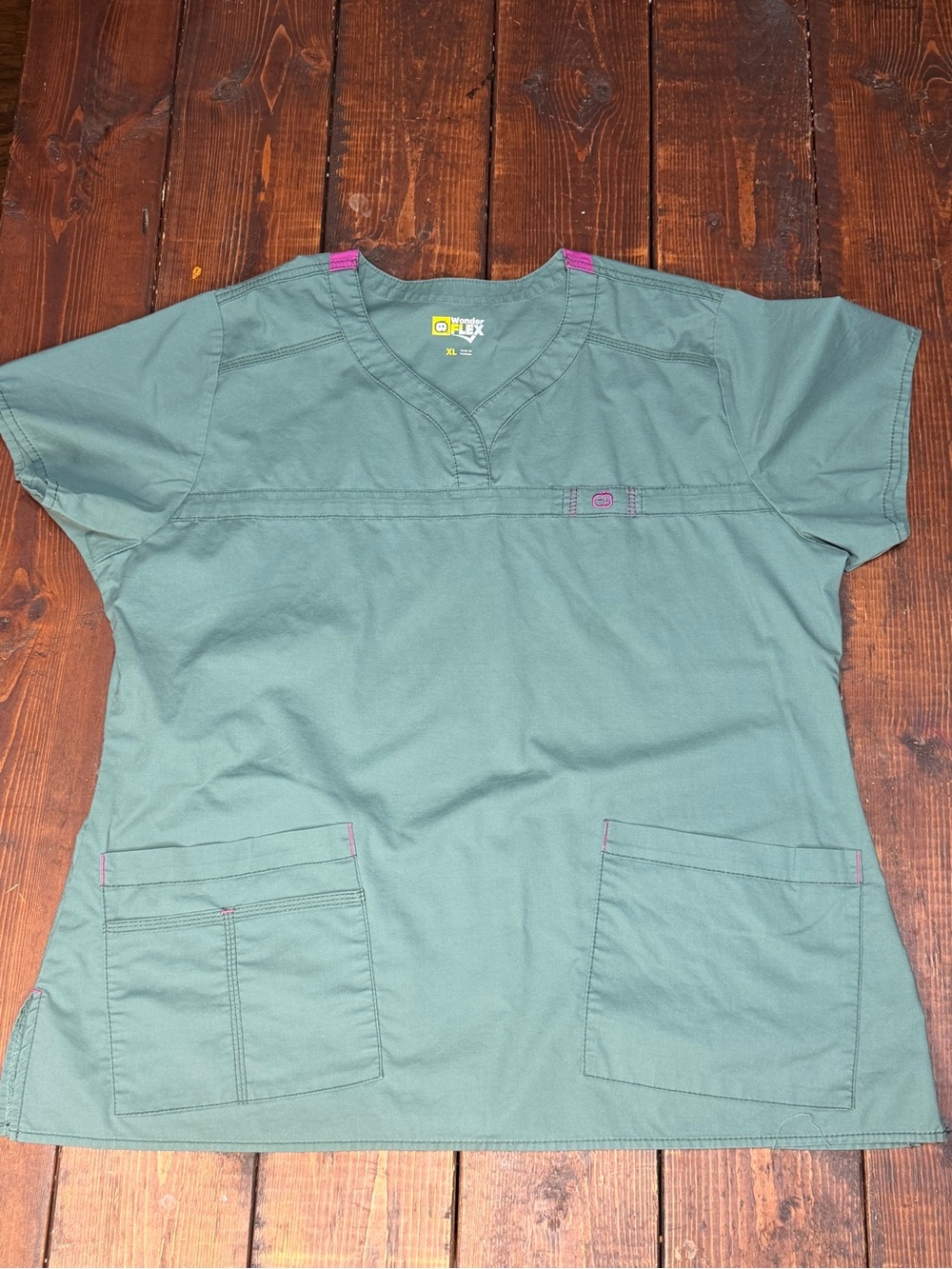 WonderWink Olive Green Medical Scrub Top with Cranberry Accents